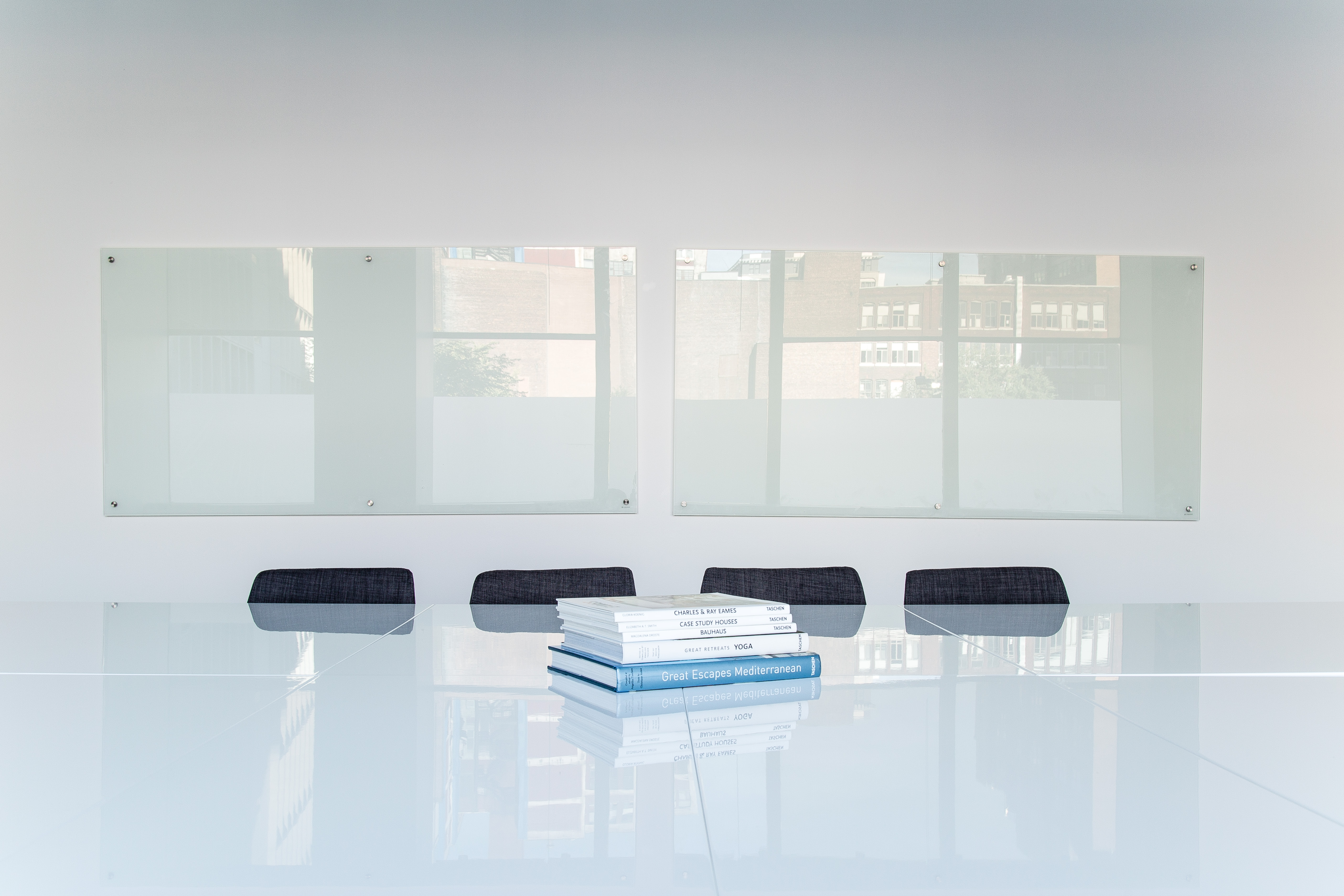 Books and papers in a meeting space